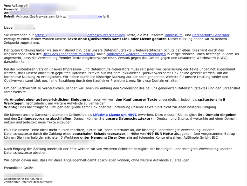 Abmahnung von adsimple: Datenschutztext für 499 Euro 2023 09 17 05 46 12 2 1024x773
